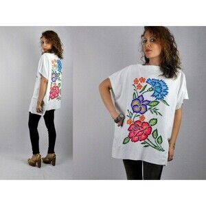 Mexican Embroidered Oversized Blouse Cross Stitches Blouse Back & Front Boho